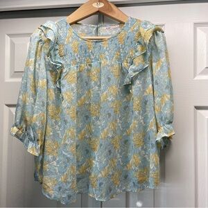 Mi Ami Women’s Floral Print Blouse Ruched Square Neckline Ruffle Trim Size 2X